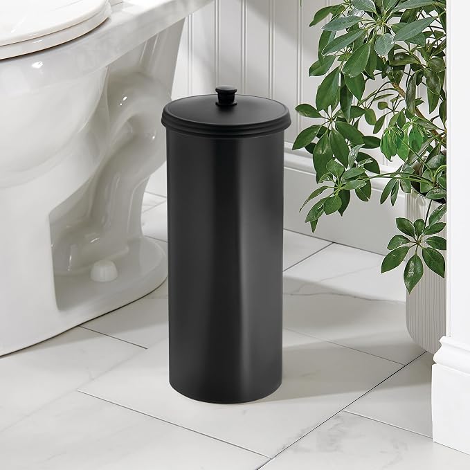 iDesign Freestanding Bathroom Toilet Paper Storage Holder, Matte Black | With Lid, For 3 Extra Rolls