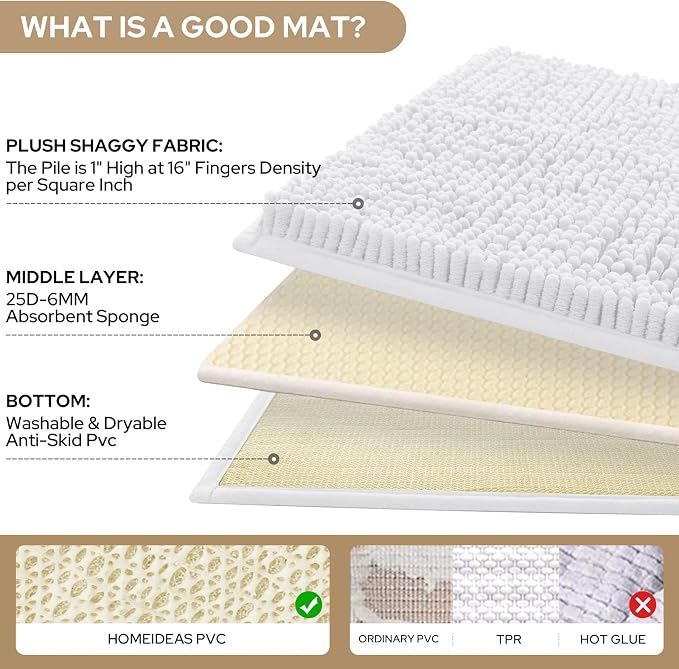HOMEIDEAS White Chenille Bathroom Rugs Set of 3, Non Slip Bath Mat | Super Absorbent, Soft Microfiber, Machine Washable, Stain Resistant, for Bathroom Decor