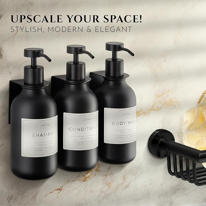Shower Shampoo Dispenser Wall Mounted – 3 Refillable 16.9 oz Black Bottles with Stainless Steel Pumps & No-Drill Adhesive Holders – Soap Dispenser Set for Bathroom (3 X Black)