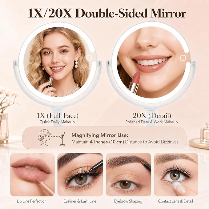 MOMOKUBA Makeup Mirror with Lights, 20X Magnifying Mirrors, Height Adjustable, Vanity Mirror with Lights Rechargeable 3 Color Modes, Double-Sided Detachable Travel Mirrors, Gift for Women, White