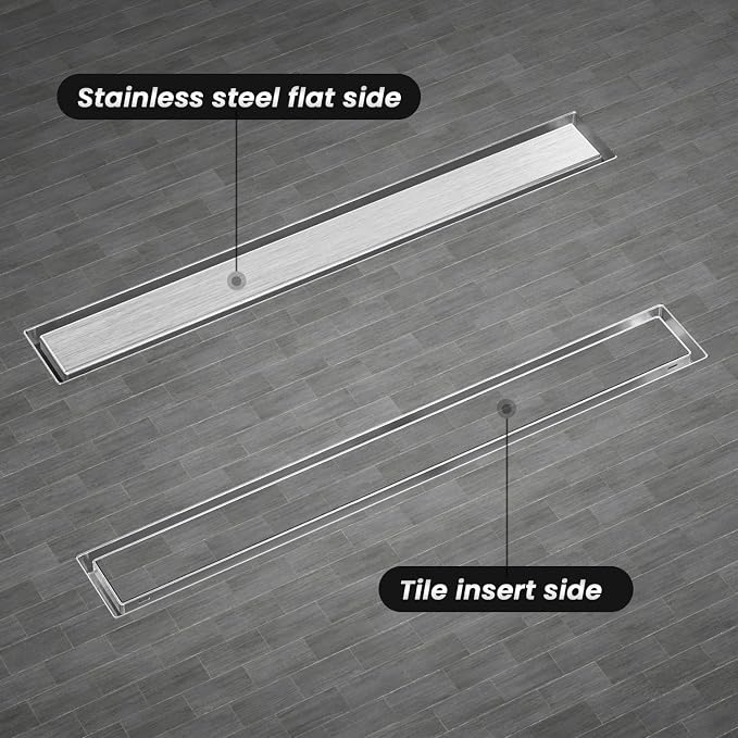 EXF Linear Shower Drain 30 Inch Tile Insert, Brushed Stainless Steel Rectangle Shower Floor Drain Cover with Hair Catcher, Adjustable Feet