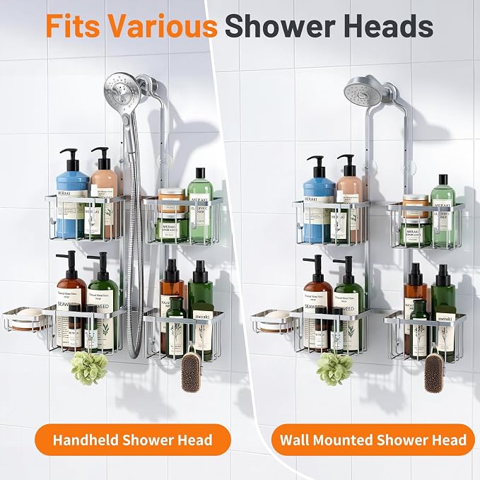 Luxspire Shower Hanging Caddy Overhead, Hanging Shower Organizer, Silver | No Drilling Required, Height-Adjustable, Thickened Rustproof Stainless Steel, Heavy-Duty, Include 8 Hooks And Soap Holder