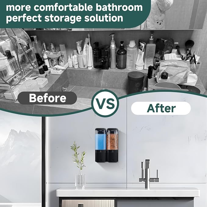 Shampoo and Conditioner Dispenser 2 Chamber No Drill Shampoo Dispenser for Shower Wall Mounted Shower Soap Dispenser 2 * 500ml Refillable Shower Dispenser for Bathroom Hotel(Black 2 Chamber)