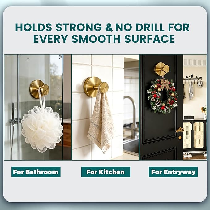 2026 Upgraded No Drill Gold Suction Cup Hooks for Shower, Heavy Duty Suction Hooks, Gold Bathroom Towel Hooks for Windows, Glass Door & Tile, 2 Pack