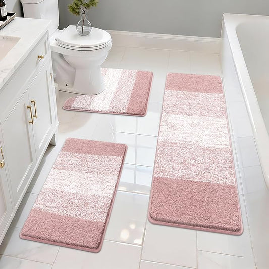 Pauwer 3 Piece Bathroom Rug Set, Microfiber Non Slip Bath Mats, Dusty Pink | Machine Washable, Quick Dry, Ultra Absorbent Floor Carpet, Plush Shower Rugs, U-Shaped Contour Toilet Mat