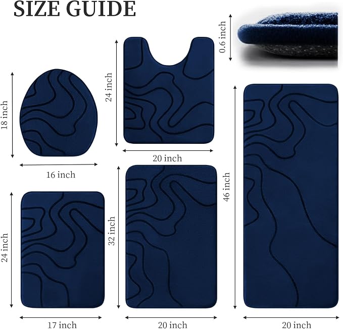 Memory Foam Bathroom Rugs Sets 5 Piece, Ultra Soft Bath Mat, Dark Blue | Ultra Soft, Extra Thick Bath Mat, Absorbent, Non-Slip, Machine Washable, For Tub, Shower & Home Decor Accessories