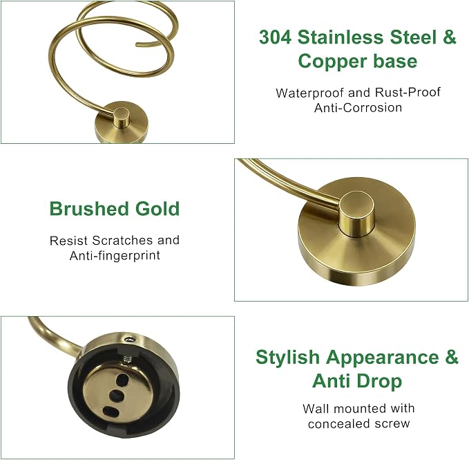 Hair Dryer Holder Wall Mounted, 304 Stainless Steel Hair Tool Organizer with Copper Base, Spiral Blow Dryer Rack for Bathroom-Brushed Gold