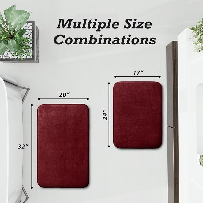 Bathroom Rugs Sets 2 Piece, Non-Slip & Quick Dry Bath Mat Set, Ultra Soft Velvet Bath Rugs for Bathroom, Toilet and Shower Floor, Red