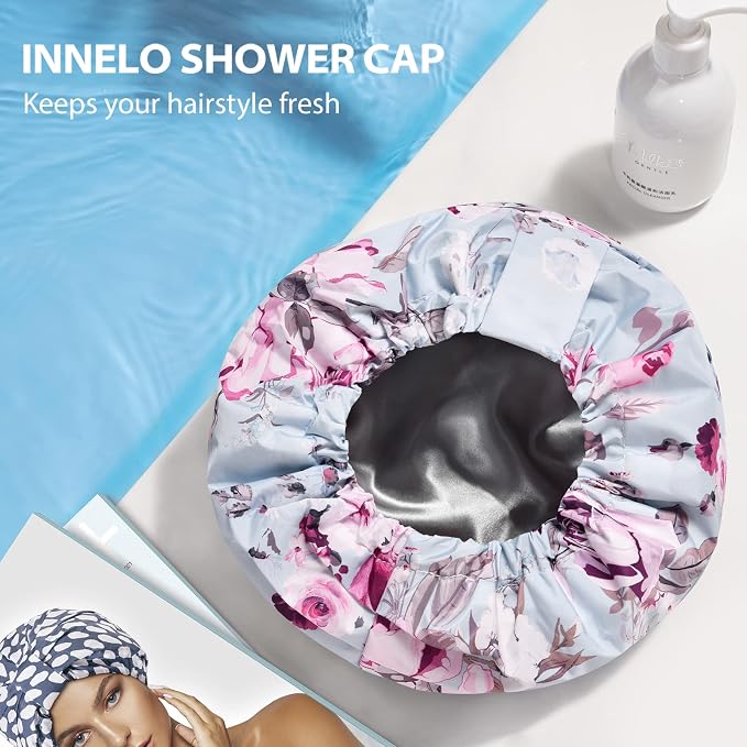 INNELO Shower Cap for Women Reusable Waterproof, Double Layer, Satin Lined | Bath Cap, Adjustable Elastic Strap, Large Size for Short Long Curly Hair, Soft Silky Lined, Anti Frizz, Shower Essentials