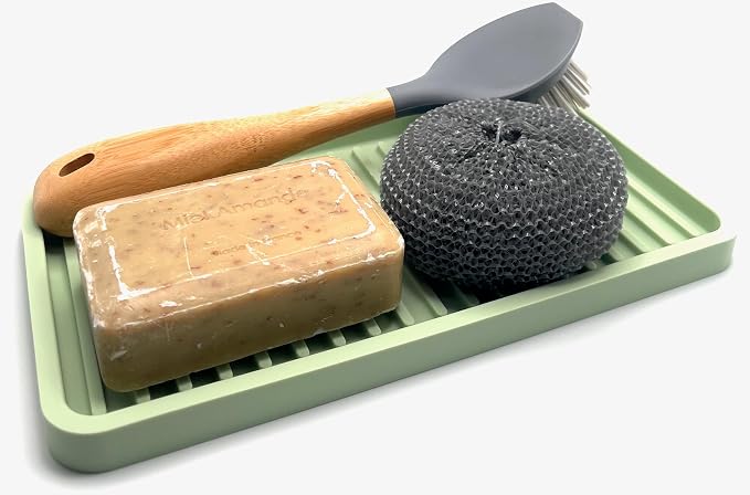 Silicone Sink and Surface Organizer Tray, Sponge Holder, Vanity Tray, Trivet, Heat Safe, Dishwasher Safe, for Bathroom and Kitchen Organization (Pistachio, 10"x5.25")