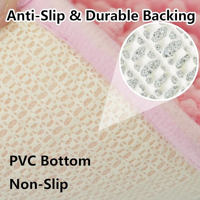 Bathroom Rugs Chenille 3-Piece Extra Soft and Absorbent Shag Bathroom Rugs, Machine Wash Mat, Strong PVC Non-Slip Underside, Plush Carpet Mats (Pink)