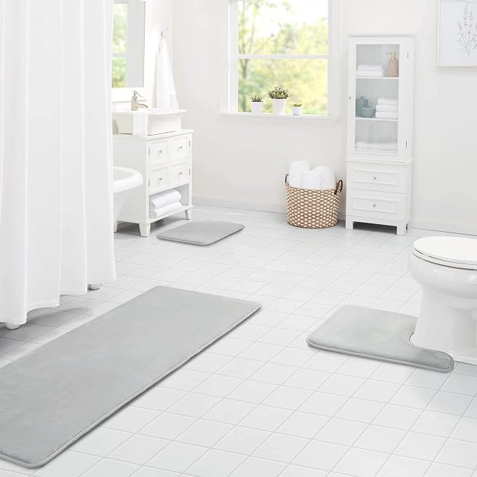 Memory Foam Bath Mat Non Slip Absorbent Super Cozy Velvet Bathroom Rug Carpet (60 inches X 17 inches, Silver)