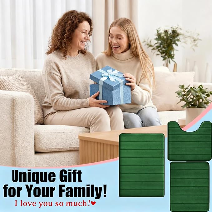 Memory Foam Bath Mat Set 3 Piece，Super Soft Absorbent Bathroom Rug Non Slip, Quick Dry,Machine Wash, Perfect Plush Bathroom Rugs,Home Decor Accessories,Dark Green