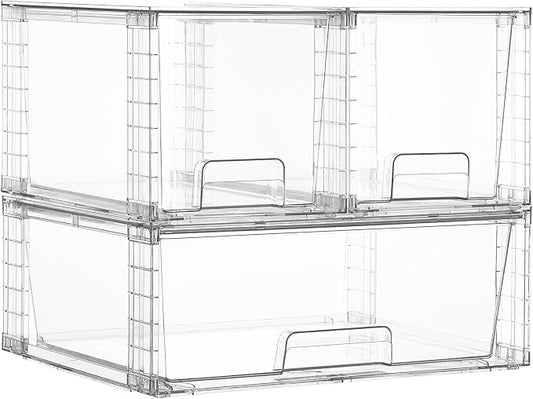 Vtopmart 3 Pack Stackable Storage Drawers, Easily Assemble Clear Plastic Organizer Bins, 1 Wide Drawer and 2 Medium Drawers for Pantry, Kitchen Cabinet, Bathroom, Closet Organization and Storage
