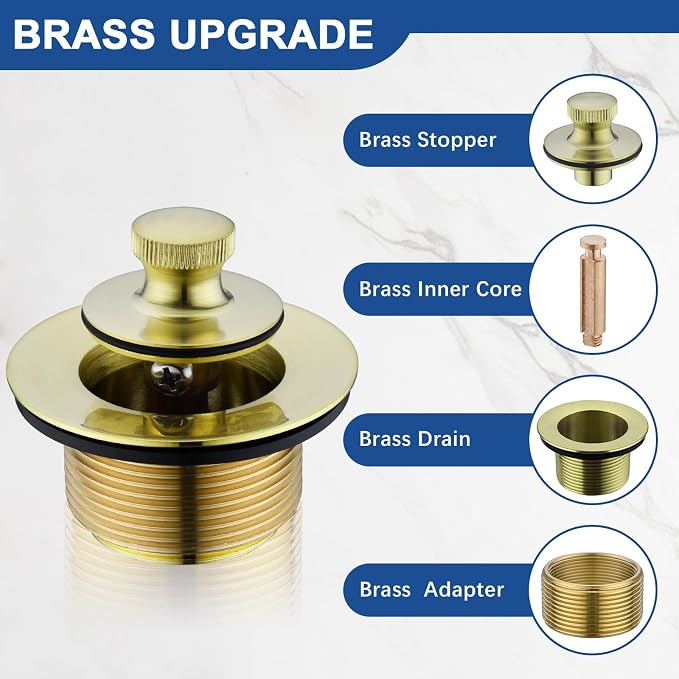 Brass Bathtub Drain Kit, Lift and Turn Tub Drain Kit with Overflow Faceplate, Brushed Gold