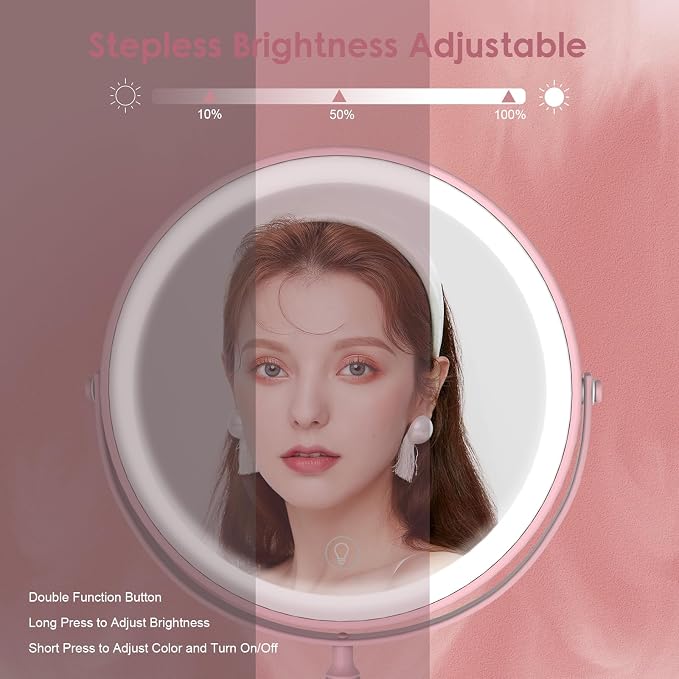 DEIOVWXS Makeup Mirror, Rechargeable Vanity Mirror with 3 Lights, 1X/10X | Adjustable Brightness, 3000mAh, Double-Sided, Gift for Mom, Women, Wife, Girls, Dorm Room Essential