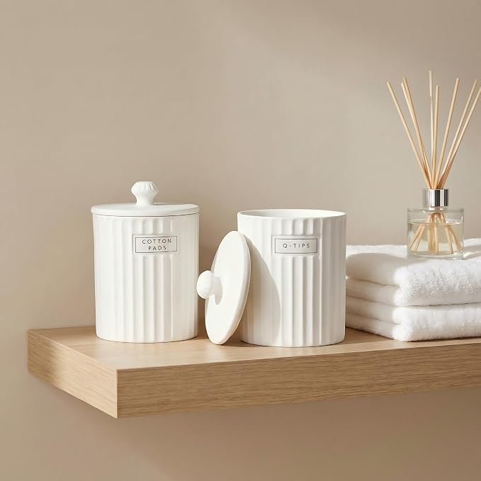 Ronasip White Ceramic Bathroom Organizer and Storage Jars with Lid, 2 Pack Qtip Holder and Cotton Pad Dispenser, Apothecary Canisters for Vanity, Kitchen Countertop, Home Decor