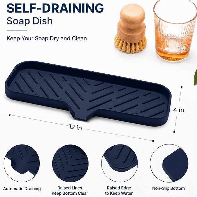 MicoYang Silicone Soap Dish with Drain Spout — Self-Draining Double Sink Organizer Tray for Kitchen & Bathroom, Dispensers, Sponges & Soap Holder, Non-Slip & Dishwasher Safe, Navy Blue (Large, 12"×4")