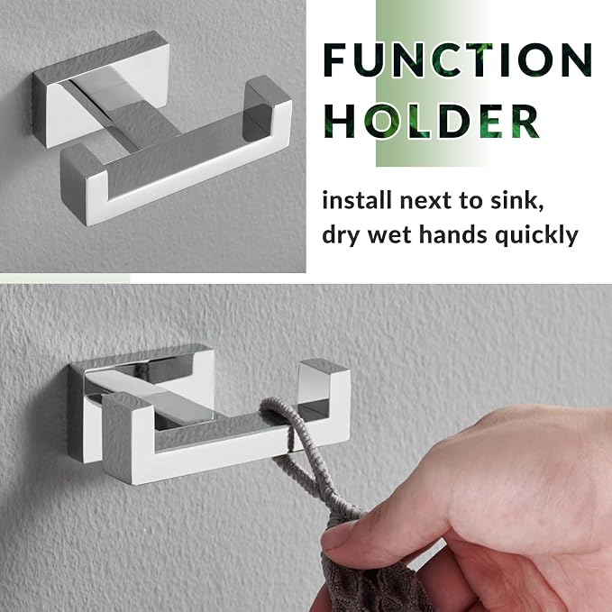 APLusee Square Double Towel Hook, 304 Stainless Steel Dual Coat Holder, Modern Bathroom Kitchen Storage Hanger Wall Mounted, Polished Chrome