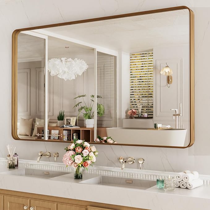 LOAAO 60X30 Inch Bathroom Mirror with Wood Grain Colored Metal Frame | Rounded Rectangle Metal Framed, Anti-Rust, Hangs Horizontally or Vertically, Tempered Glass