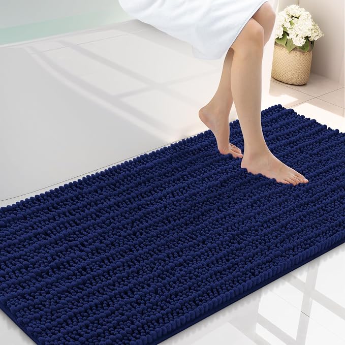 Smiry Bathroom Rugs 47X24, Extra Soft Rubber Backing Chenille Bath Mats | Navy Blue Machine Washable Non Slip Quick Dry Bath Mats for Bathroom Floor, Tub, Shower, Home Decor Accessories
