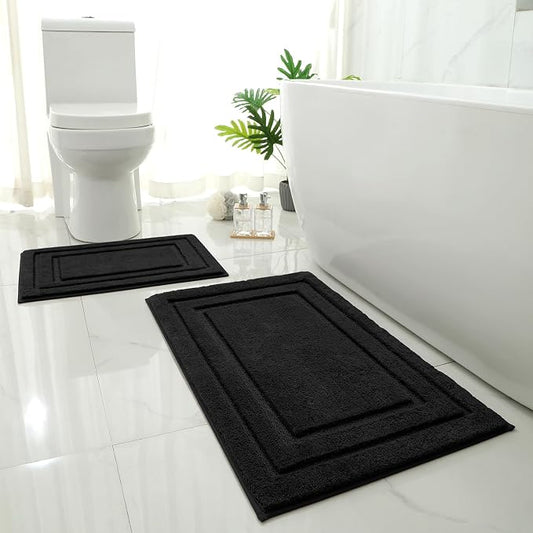 HOMEIDEAS Bathroom Rugs Sets 2 Piece, Super Soft Non Slip Bath Mat Black | Ultra Absorbent, Microfiber Machine Washable Bath Rug Set, for Bathroom, Tub, Shower 20" x 32" + 16" x 24"