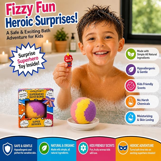 EvolutionUSA 1pc Red Epic Superhero Bath Bombs for Kids – Super Hero Bath Bomb with Toy Inside, Fun Children Bathbomb Easter, Organic Bathbomb with Surprise Inside, Superhero Bath Fizzer Valentines