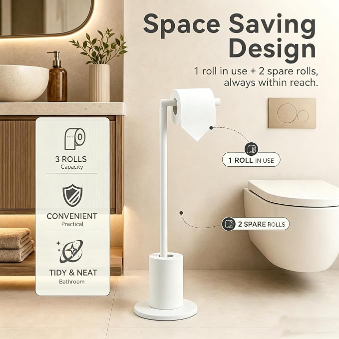 BGL Toilet Paper Holder Standing On Floor White, Tissue Holder On Floor with Reserve Storage Paper Rolls, Free-Standing Roll Paper Holder