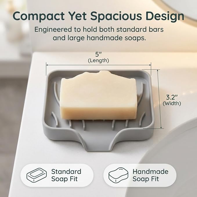 Self Draining Soap Dish with Drain Spout - Bar Soap Holder for Bathroom & Kitchen Sink - Flexible Non-Slip Silicone Soap Holder for Bar Soap, Sponge & Scrubber – 3 Pack