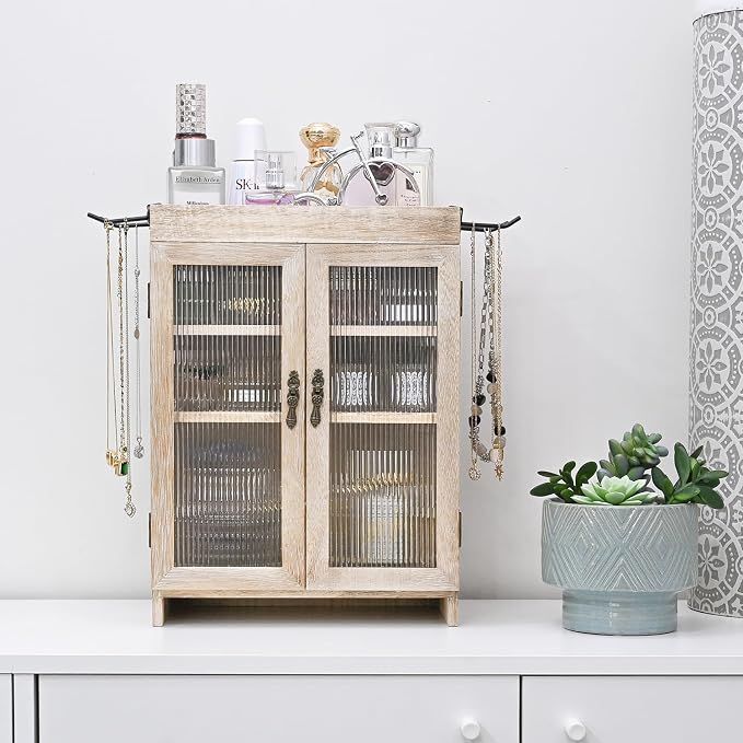 Ikee Design Wooden Countertop Storage Cabinet with Wavy Magnetic Door, Adjustable Shelves, Removable Hooks. Perfect for Perfume, Figurines, and Coffee Cups, Vintage White, 10.4 W x 6.1 D x 14.4 H in