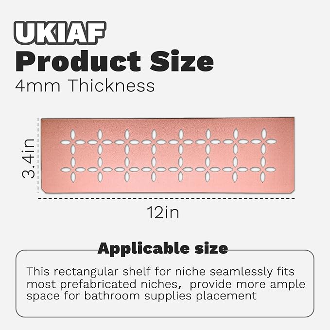 12 Inch Frosted Champagne Golden Aluminum Material Shower Niche Shelf Rectangular Bathroom Niche Shelf with Floral Design Fits Prefabricated Tile Niches 1 Pack