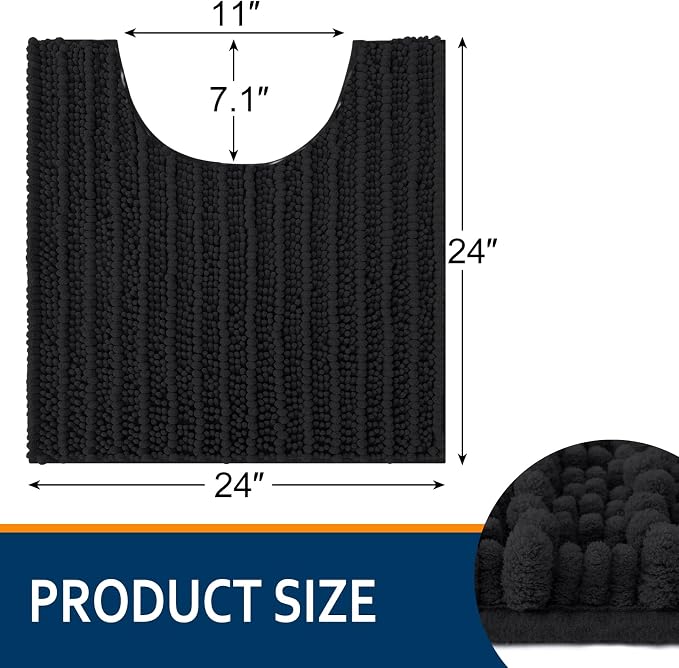 Smiry Bathroom Toilet Rugs U Shaped 24x24, Chenille Bath mats for Toilet | Black Extra Soft Absorbent Non Slip Rubber Backing Contour Bath Rugs for Toilet, Machine Washable Contoured Bath Mats