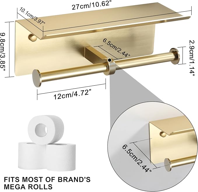 Brushed Gold Toilet Paper Roll Holder with Shelf Wall Mounted for Bathroom (Brushed Gold, Double Head)