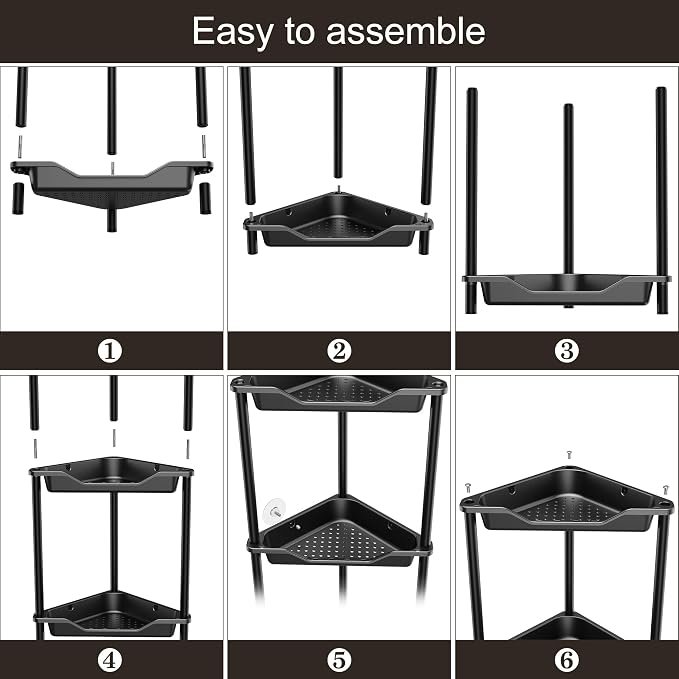 Orimade Rustproof 4 Tier Floor Standing Corner Shower Caddy Organizer, Plastic Metal Splicing Floor Corner Shelf Rack Storage Stands for Bathroom,10.8 x 10.8 x 44.6 inches, Black