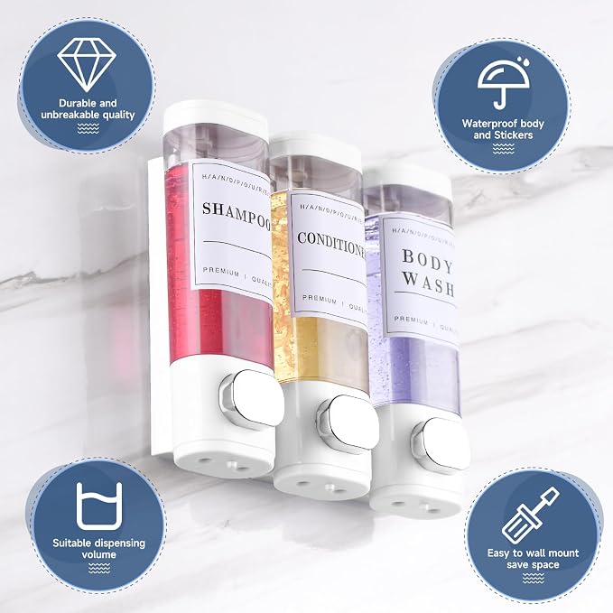 Shower Soap Dispenser Wall Mounted No Drill Shampoo Dispenser for Shower Wall Shampoo and Conditioner Dispenser Bathroom Hotel 3 * 300ml White with 3 Labels