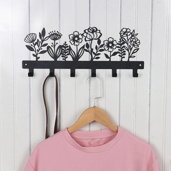 16 Inches Towel Rack Wall Mounted with 6 Hooks, Black Metal Key Hanger Keychain Holder for Entryway Front Door Hallway Mudroom, Waterproof Rustproof Kitchen Bathroom Organizer Home Decor
