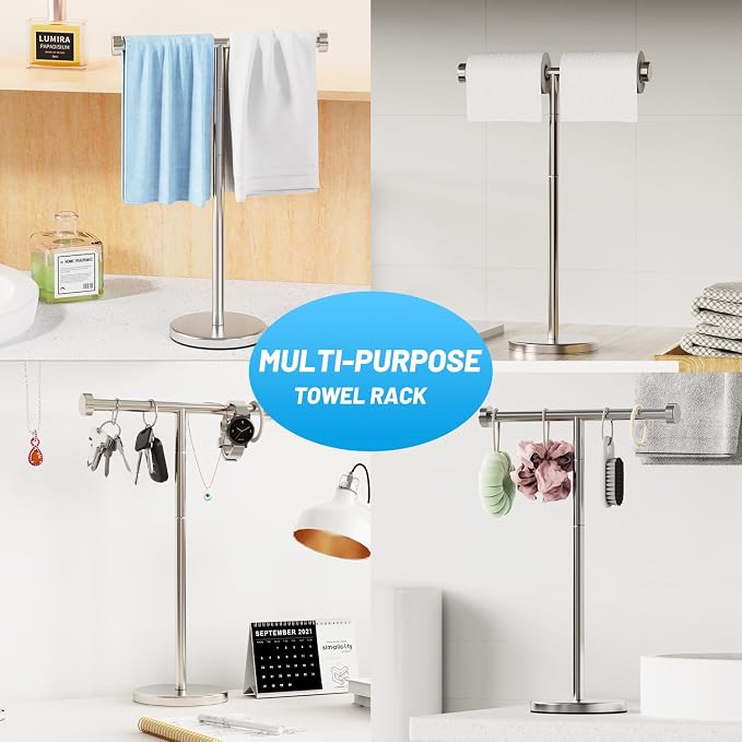 VEHHE T-Shape Hand Towel Holder for Bathroom, Height Adjustable Hand Towel Stand, SUS304 Stainless Steel Towel Holder Stand Non-Slip for Adults, Children（Silver）