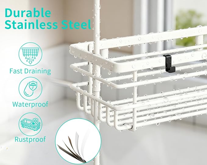 HapiRm Hanging Shower Caddy Organizer - No Drilling Shower Shelves with Hooks and Toothbrush Holder, Rustproof 304 Stainless Steel Bathroom Organizer - White