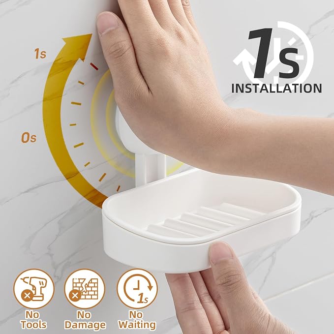 Soap Holder, Soap Dish for Shower, Suction Cup Bar Soap Holder | Soap Bar Holder for Shower, Wall Mounted Self Draining, NO Drill Sponge Holder for Bathroom, Bathtub Kitchen Sink, White