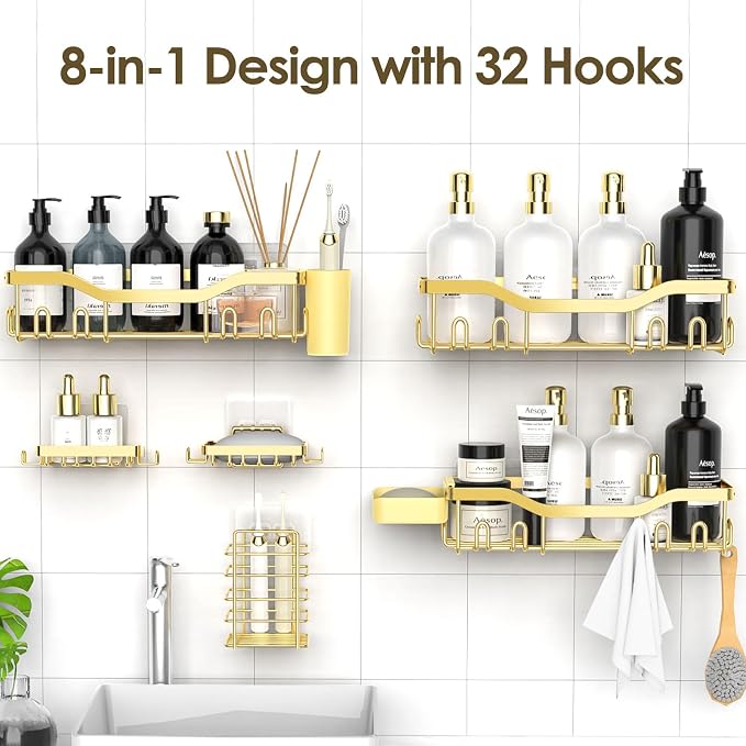 NESOMI Shower Caddy Adhesive Shower Organizer 8-Pack, Rustproof Stainless Steel Bathroom Shelves, Large Capacity No-Drill Rack Storage Accessories with Soap Dish Toothbrush Holder Hooks