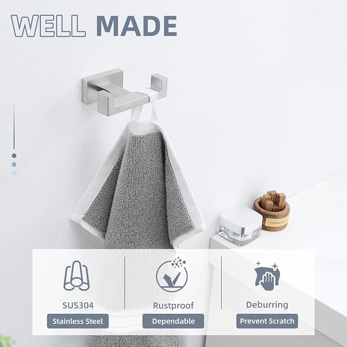 Angle Simple Towel Hook for Bathroom, SUS 304 Stainless Steel Double Robe Coat Hook, Hand Towel Hanger Wall Mount, Brushed Nickel