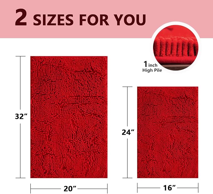 BOANKODU Bathroom Rugs Sets 2 Piece, Extra Soft Chenille Bath Mat Absorbent Bathroom Rug, Bathroom Mat with Sturdy PVC Non-Slip Bottom, Machine Washable Bath Rugs (32x20 Inch + 24x16 Inch, Red)