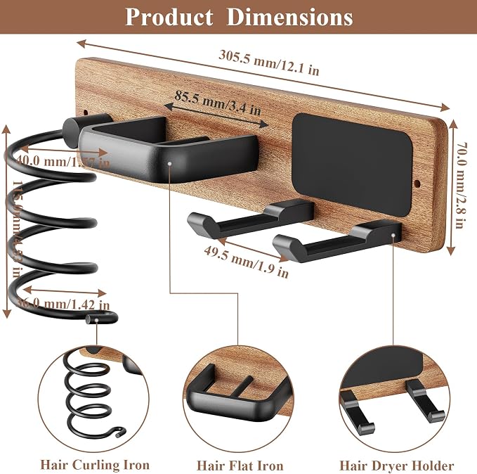 Tindbea Hair Dryer Holder Wall Mount Aluminum Alloy Hot Tools Organizer | Sapele Wood, Matte Black