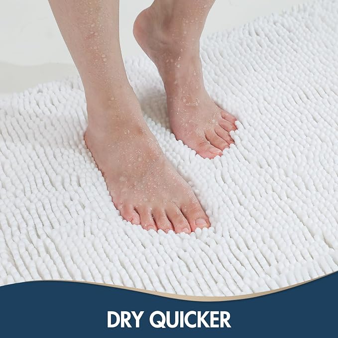 TREETONE Bathroom Rugs Sets, Thick Soft Absorbent 3 Piece Chenille Bath Rugs, Non-Slip, Dry Quickly, Machine Washable, Shaggy Mats with U-Shaped Toilet Rug for Bathroom Floor, Tub and Shower, White