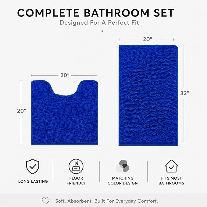 Bathroom Rugs Sets 2 Piece,Super Absorbent Soft,Thick,Machine Washable Chenille Bath Mat,Non Slip Toilet Floor Rug,Bath Mats for Bathroom,20x32 Plus 20x20 U Shape,Royal Blue