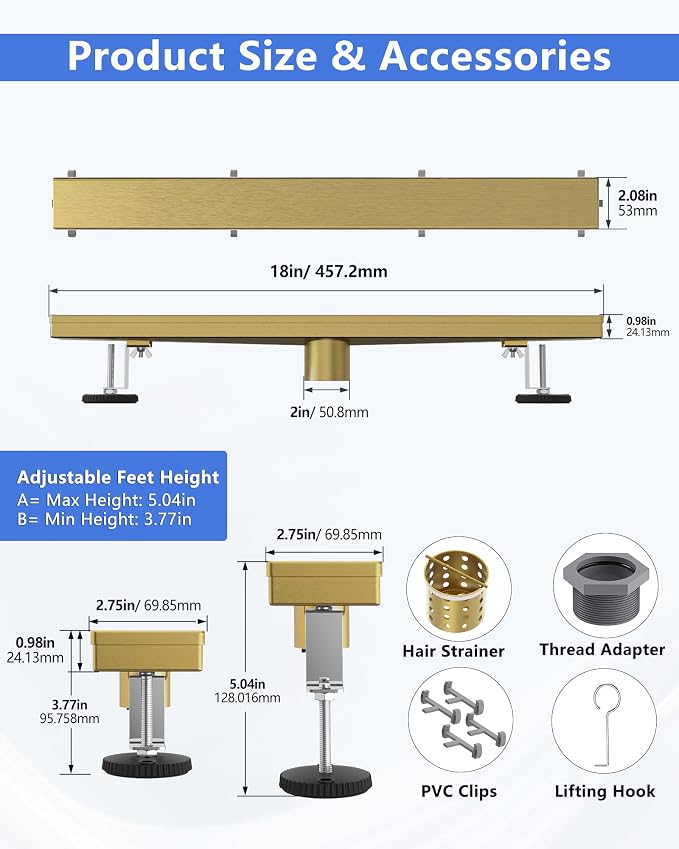 YEFU Gold Linear Shower Drain for Bathroom: 18 Inch Shower Drain with Tile Insert Grate - 304 Stainless Steel Rectangle Linear Drain - 2-in-1 Brushed Gold Shower Floor Drain