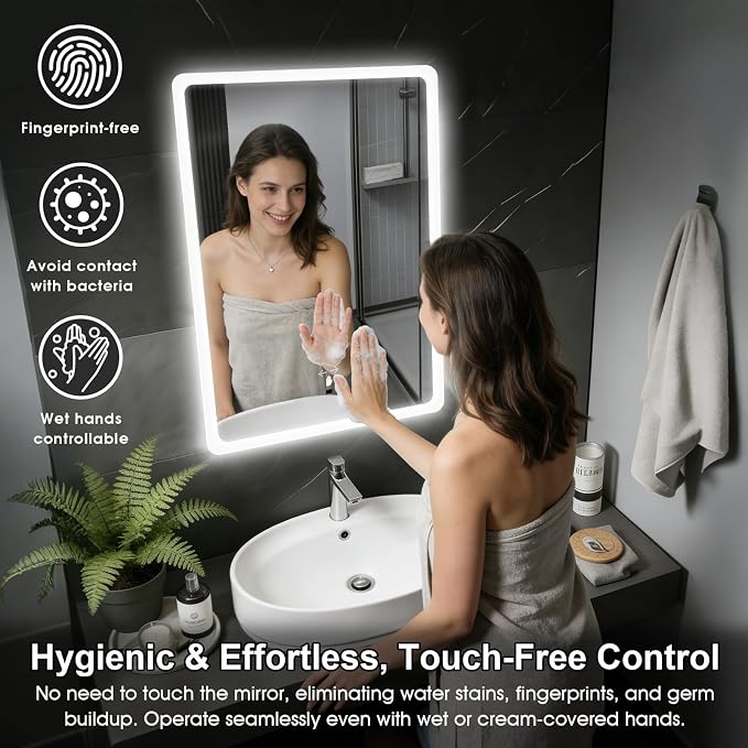 LED Bathroom Mirror, 20x28 in Vanity Mirrors with Backlit Lights for Shaving, Fogless Makeup Mirror Wall Mounted with Demister, Dimmable 3 Color Lighting, IP54, Hand Swipe, Vertically Only