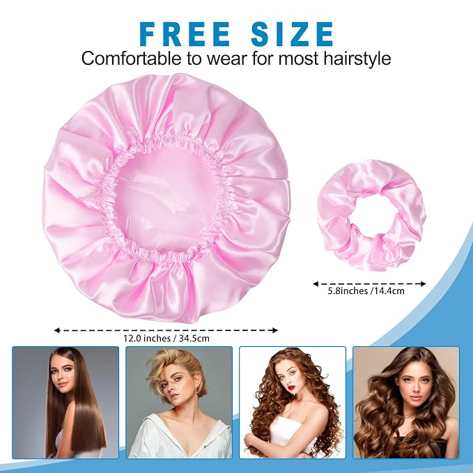 Shower Cap for Women Set of 4, Reusable Bath Caps + 2 Satin Hair Scrunchies | Double Layers, Waterproof Hair Caps, for Bath Accessories, Spa, Travel Home - Pattern B