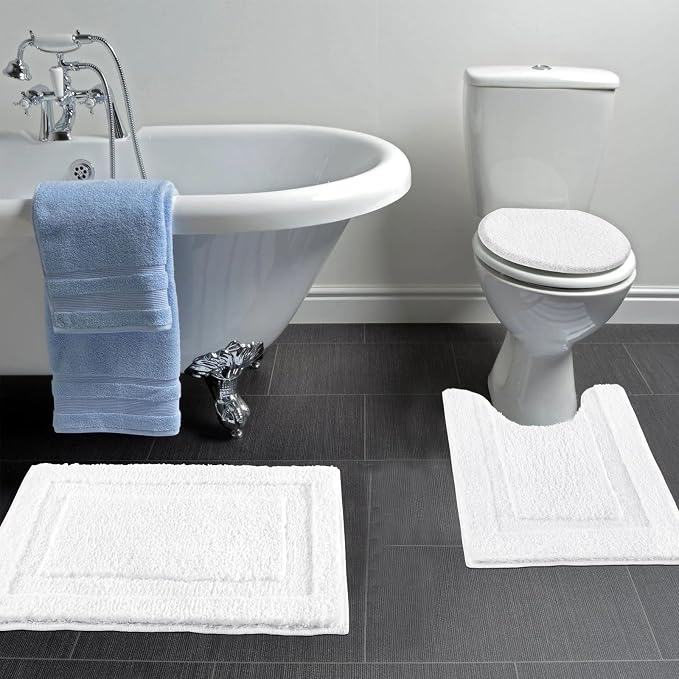 SHACOS White Bathroom Rugs Sets 3 Piece, Non Slip Soft Absorbent 16"x24" | Small Microfiber Bath Mat with Toilet Lid Cover, Shaggy Carpet U-Shaped Contour Toilet Rug, Machine Washable