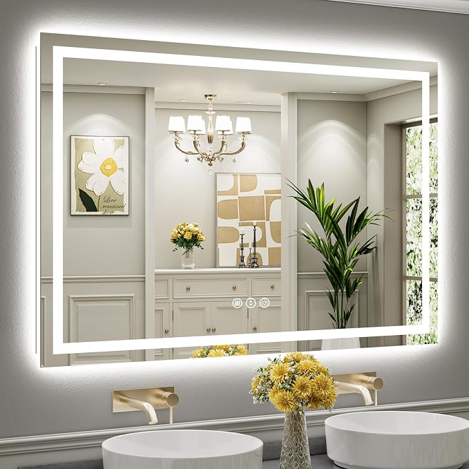 60x40 LED Bathroom Mirror, Dual Lit Anti-Fog Wall Vanity Mirror | 3 Color Dimmable, Memory Function, HD Reflection Tempered Glass, ETL Listed, IP54 Waterproof